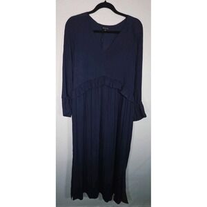 Massimo Dutti Navy Pleated Midi Dress Long Sleeve Ruffle Detail Size S